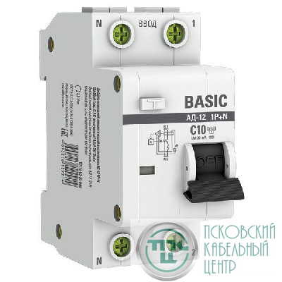 Выключатель автоматический дифференциального тока 2п (1P+N) C 10А 30мА тип AC 4.5кА АД-12 Basic EKF DA12-10-30-bas