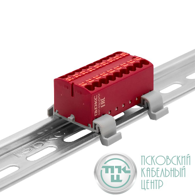 Блок распределительный с горизонт. адаптером на рейку шир. 35мм зажим push-in 18 точек подключения 2.5кв.мм красн. DKC DTP1-018-04SPUR-H