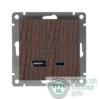 Розетка 2-м USB СП Афина тип А+С 5В 1х2.4А 2х4А механизм венге Universal А0059-V