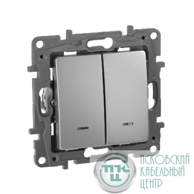 Выключатель 2-кл. СП Etika 10А IP20 250В 10AX с подсветкой/индикацией авт. зажимы механизм алюм. IEK 672404