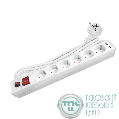 Удлинитель с сетевым фильтром 6х3м с заземл. 10А IP20 2.2кВт USB type-A + type-C ПВС 3х0.75 с выкл. бел. UNIVersal 2544