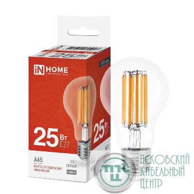Лампа светодиодная филаментная LED-A65-deco грушевидная прозрачная 25Вт 230В E27 4000К 2480лм IN HOME 4690612055947