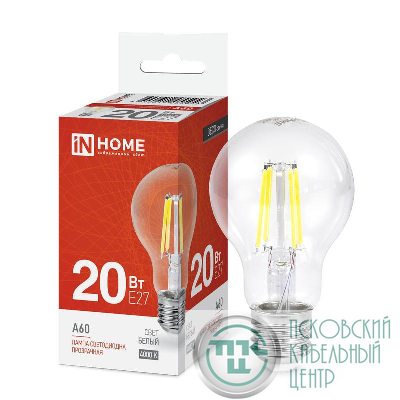 Лампа светодиодная филаментная LED-A60-deco грушевидная прозрачная 20Вт 230В E27 4000К 1890лм IN HOME 4690612055923