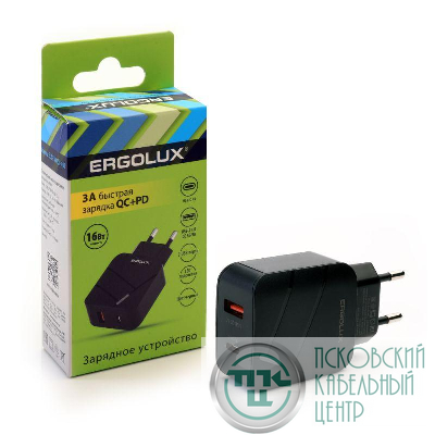 Адаптер сетевой ELX-РA01QC-C02 1USB+1Type C 100-220В 5-9В/3А QC коробка черн. ERGOLUX 15108