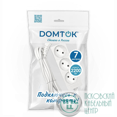 Удлинитель 3х7м без заземл. 10А IP20 2.2кВт ПВС 2х1 бел. DOMTOK 2353