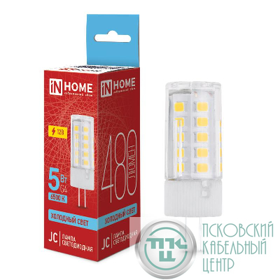 Лампа светодиодная LED-JC 5Вт капсульная прозрачная 6500К холод. бел. G4 480лм 12В IN HOME 4690612036106