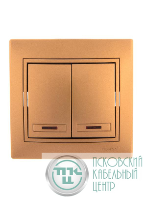 Выключатель 2-кл. СП Mira 10А IP20 с подсветкой со вставкой зол. метал. LEZARD 701-1313-112