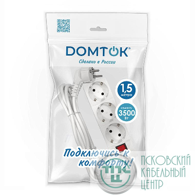 Удлинитель 3х1.5м с заземл. 16А IP20 3.5кВт ПВС 3х1 с выкл. бел. DOMTOK 2379