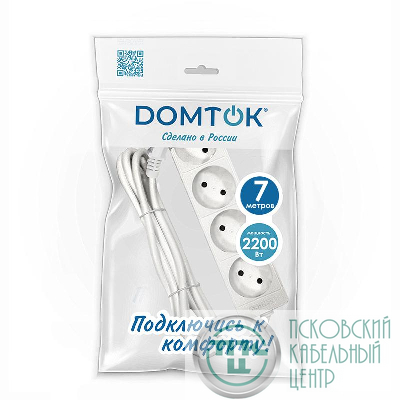 Удлинитель 4х7м без заземл. 10А IP20 2.2кВт ПВС 2х1 бел. DOMTOK 2358