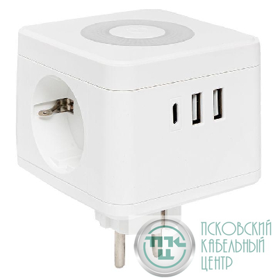 Разветвитель 3-м куб 2 гнезда 2хUSB 2.4А + тип C + ночник EKF UBA-CUB-T2-TC