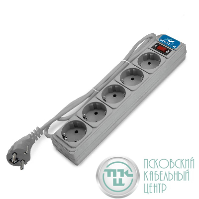 Удлинитель с сетевым фильтром 5х1.8м с заземл 10А IP20 2.2кВт ПВС 3х1 с выкл. сер. DOMTOK 2532