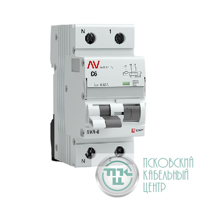 Выключатель автоматический дифференциального тока 2п (1P+N) C 6А 30мА тип AC 6кА DVA-6 Averes EKF rcbo6-1pn-6C-30-ac-av