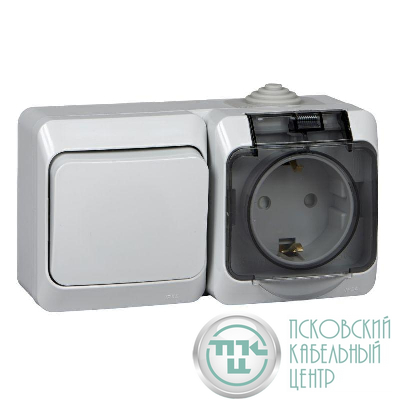 Блок ОП Этюд (1-м розетка 16А 250В евростандарт с заземл. защ. шторки + 1-кл. выкл.) IP44 сер. SE BPA16-241C