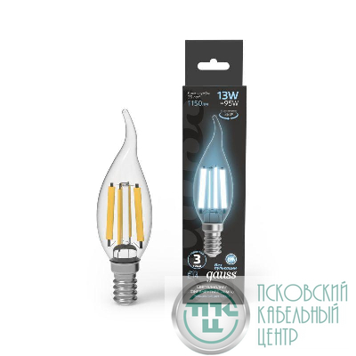 Лампа светодиодная филаментная Black Filament 13Вт свеча на ветру 4100К нейтр. бел. E14 1150лм GAUSS 104801213