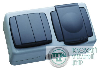Выключатель двухклавишный + розетка с крышкой с винтовым зажимом блок IP55 Makel 36064203