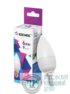 Лампа светодиодная 6.5Вт свеча 6500К холод. бел. E14 220В КОСМОС LkecLED6.5wCNE1465