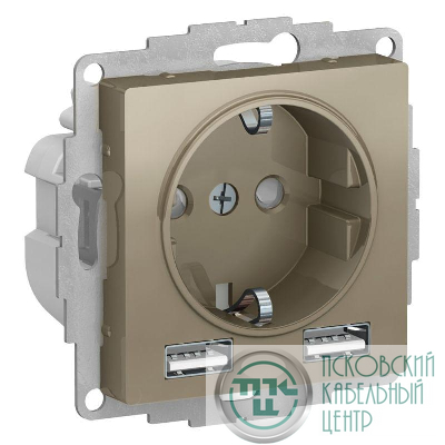 Розетка 3-м СП AtlasDesign 16А IP20 с 2-мя заряд. устройствами USB тип A+A 5В/2.4А 2х5В/1.2А механизм шампань SchE ATN000530