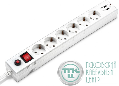 Удлинитель с сетевым фильтром 6х5м с заземл. 10А IP20 BU-SP5_USB_2A-W CCA бел. BURO 992316