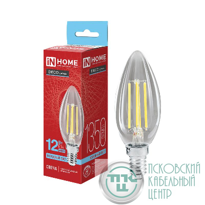 Лампа светодиодная LED-СВЕЧА-deco 12Вт свеча прозрачная 6500К E14 1350лм 230В IN HOME 4690612063287