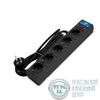 Удлинитель с сетевым фильтром 5х5м с заземл 10А IP20 2.2кВт ПВС 3х1 с выкл. черн. DOMTOK 2539