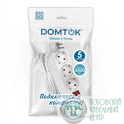 Удлинитель 3х5м с заземл. 16А IP20 3.5кВт ПВС 3х1 с выкл. бел. DOMTOK 2382