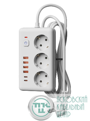 Удлинитель с сетевым фильтром 3х5м 10А 4USB + 2USBC 2500Вт ПВС 3х1 прямоуг. бел. КОСМОС FKsmPR-5m-3g(W)USB