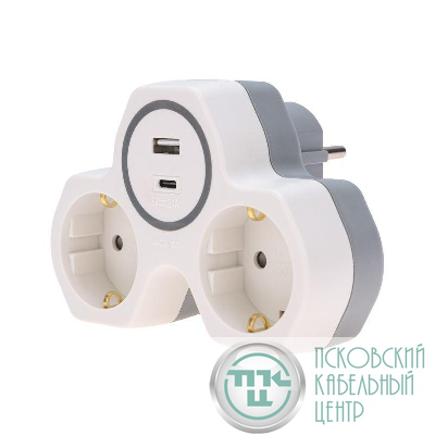 Разветвитель 2-м 16А + USB-A + USB-C с заземл. защ. шторки бел. Rexant 11-1253