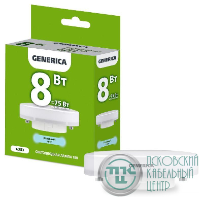 Лампа светодиодная T80 8Вт таблетка 6500К GX53 230В GENERICA LL-T80-08-230-65-GX53-G