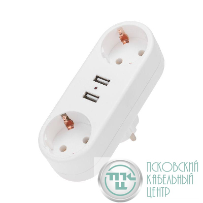 Двойник электрический линейный 16А с/з+2 USB-порта 2.4А бел. Rexant 11-1090