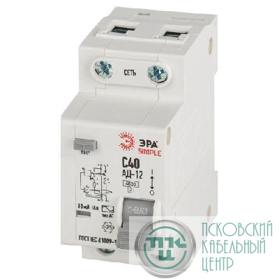Выключатель автоматический дифференциального тока 1P+N C 40А 30мА тип АС АВДТ 4.5кА SIMPLE D12E2C40AC30 АД-12 электронное Эра Б0058924