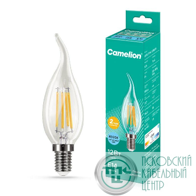 Лампа светодиодная филаментная LED12-CW35-FL/845/E14 12Вт свеча прозрачная 4500К бел. E14 220-240В Camelion 13711