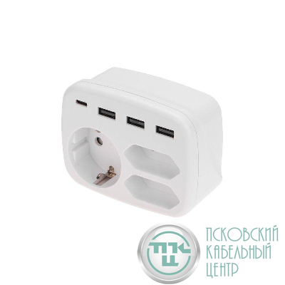Тройник электрический 16А с/з+2х2.5А+3хUSB-A 2.4А+USB Type-C 3А бел. Rexant 11-1250