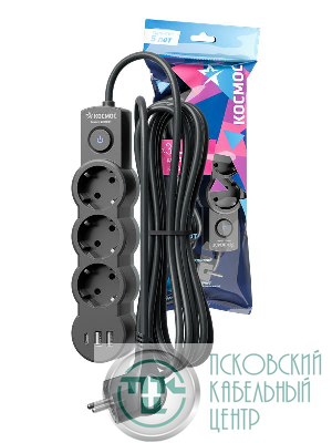 Удлинитель 3х3м с заземл. 10А IP20 USB 2800Вт 220В ПВС 3х1 с выкл. черн. КОСМОС YKsm3m3g-Z-VU10А-B