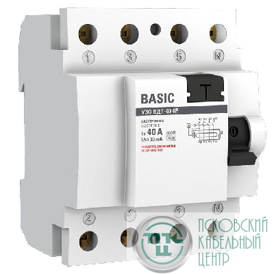 Выключатель дифференциального тока (УЗО) 4п 40А 30мА тип AC Basic электрон.EKF elcb-4-40-30e-sim