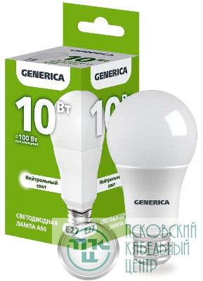 Лампа светодиодная A60 10Вт грушевидная 4000К E27 230В GENERICA LL-A60-10-230-40-E27-G
