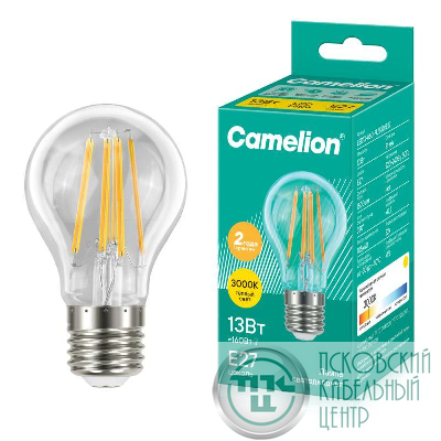 Лампа светодиодная филаментная LED13-A60-FL/830/E27 13Вт грушевидная прозрачная 3000К тепл. бел. E27 220В Camelion 13716