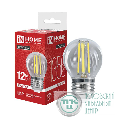 Лампа светодиодная LED-ШАР-deco 12Вт 230В E27 4000К 1350лм прозрачная IN HOME 4690612053691