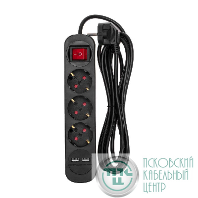 Удлинитель 3х3м с заземл. STANDARD 2хUSB 3х1кв.мм с выкл. черн. Rexant 13-4022