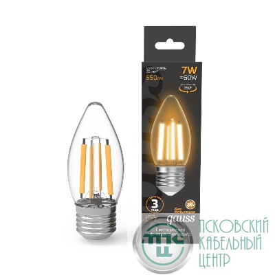 Лампа светодиодная филаментная Black Filament 7Вт свеча 2700К тепл. бел. E27 550лм GAUSS 103802107