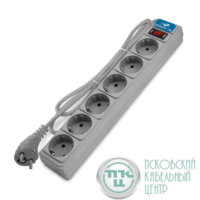 Удлинитель с сетевым фильтром 6х3м с заземл 10А IP20 2.2кВт ПВС 3х1 с выкл. сер. DOMTOK 2519