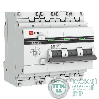 Выключатель автоматический дифференциального тока 4п C 50А 30мА тип AC 4.5кА АД-32 защита 270В электрон. PROxima EKF DA32-50-30-4P-pro