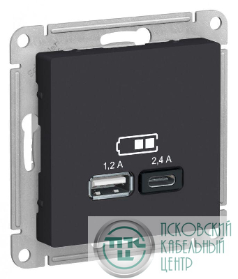 Розетка USB AtlasDesign тип A+C 5В/2.4А 2х5В/1.2А механизм карбон SE ATN001039