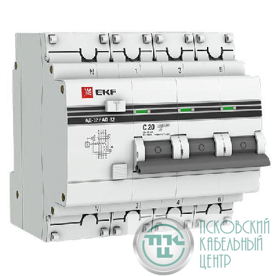Выключатель автоматический дифференциального тока 4п (3P+N) C 20А 30мА тип AC 4.5кА АД-32 защита 270В электрон. PROxima EKF DA32-20-30-4P-pro