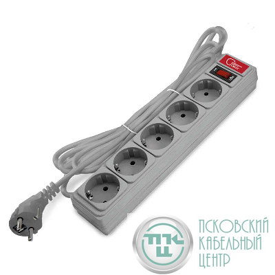 Удлинитель с сетевым фильтром 5х3м 10А IP21 ПВС 3х0.75 сер. Союз 1329