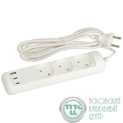 Удлинитель электрический U-3-3m-USB-W 3 розетки + 3xUSB A+C 3м 10А бел. Эра Б0069076