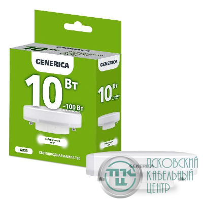 Лампа светодиодная T80 10Вт таблетка 4000К GX53 230В GENERICA LL-T80-10-230-40-GX53-G