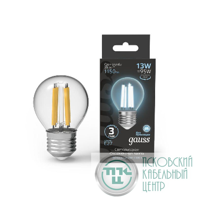 Лампа светодиодная филаментная Black Filament 13Вт P45 шар 4100К нейтр. бел. E27 1150лм GAUSS 105802213