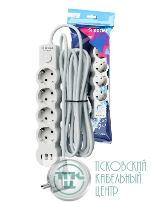 Удлинитель 4х1.5м с заземл. 10А IP20 USB type-Aх2 + type-C 2500Вт 220В ПВС 3х1 с выкл. бел. КОСМОС YKsm1.5m4g-Z-VU10А-W