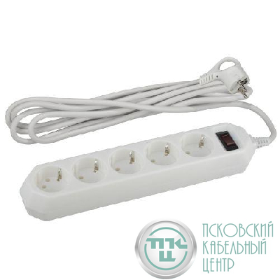 Удлинитель с сетевым фильтром 5х1.5м с заземл. 10А IP20 ПВС 3х0.75 с выкл. бел. Эра Б0019031