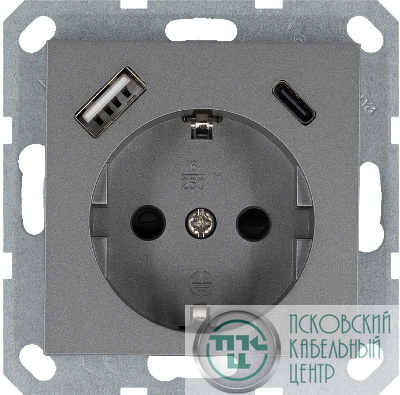 Розетка Shuko 16А с заземл. защ. шторки с 2-мя заряд. устройствами USB тип A+C 25Вт механизм алюм. Jasmart G5501USB-25S